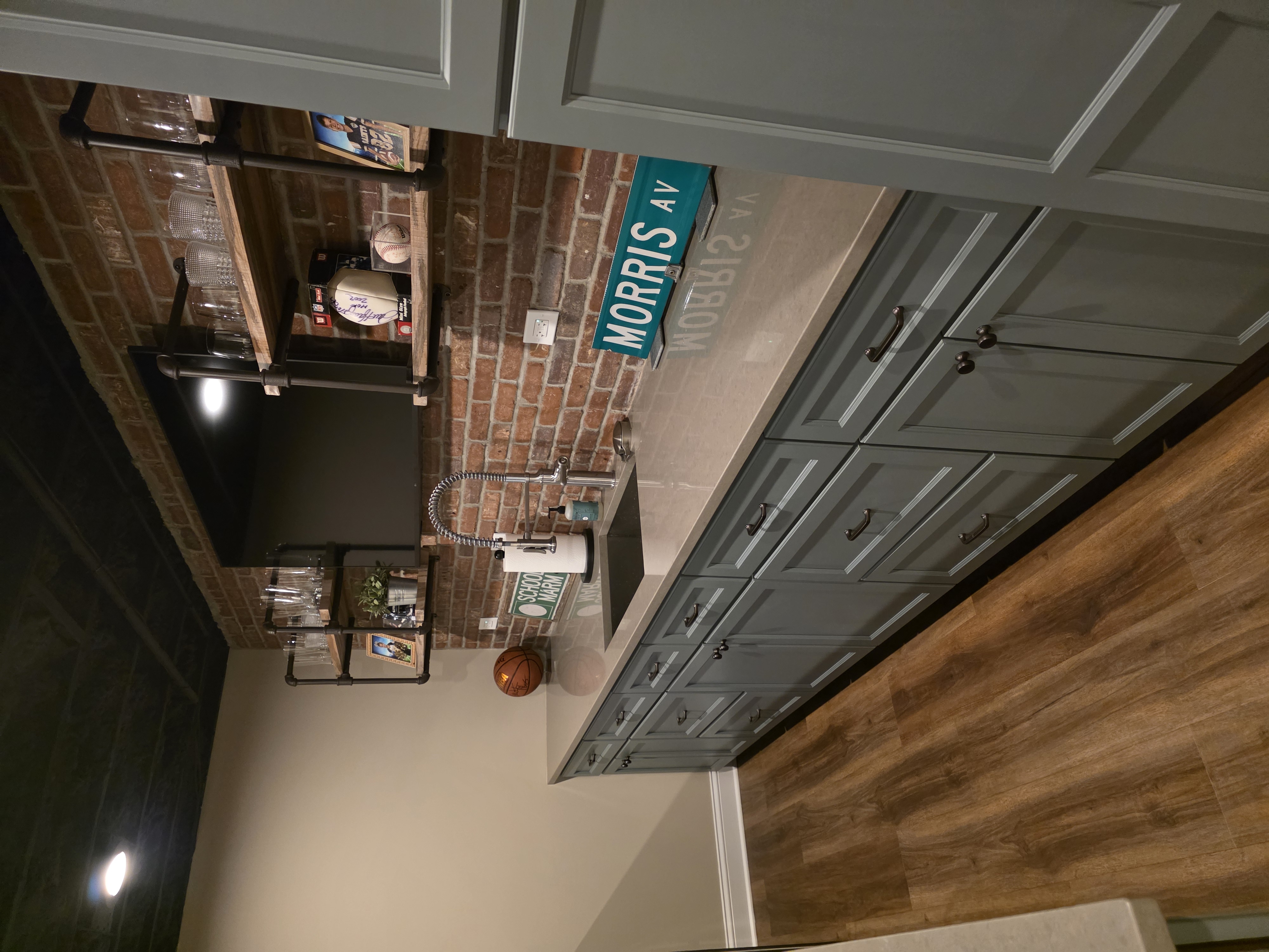 Basement bar cabinets and quartz countertops