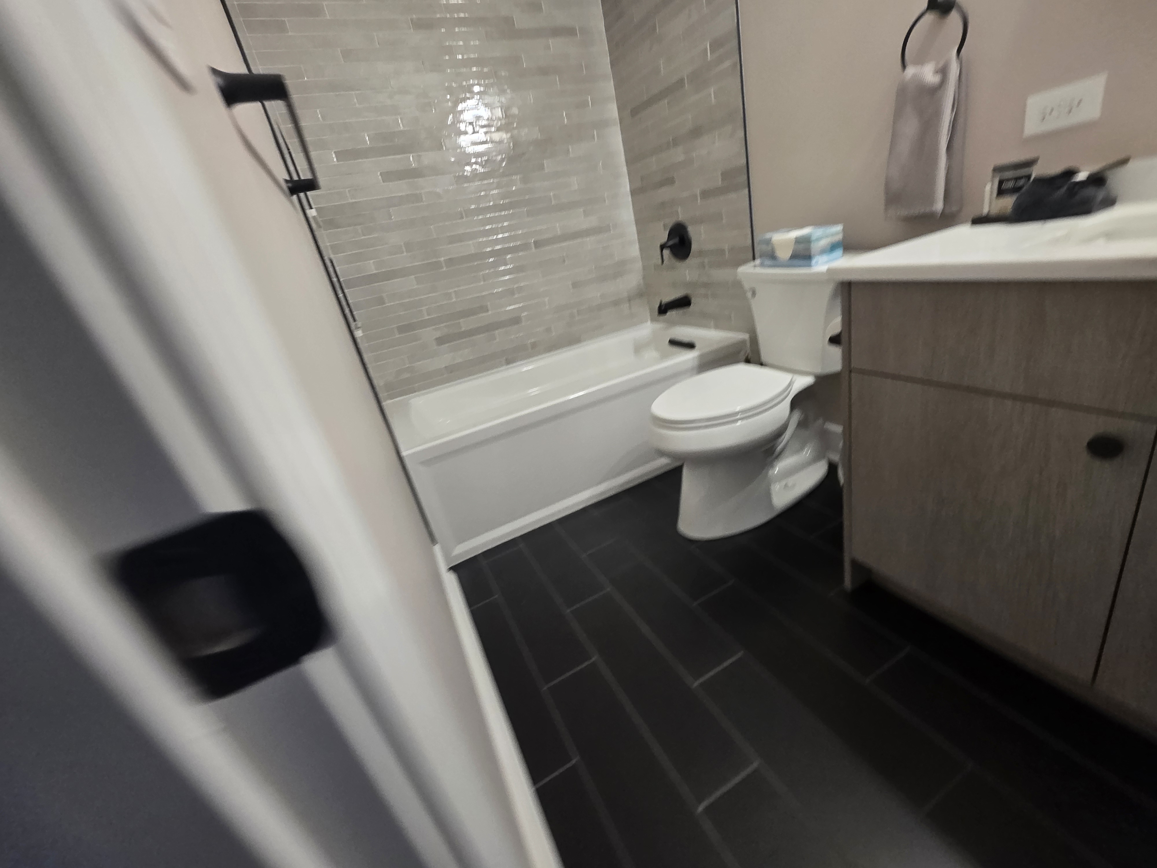 Modern bathroom with dark slate tile and tub